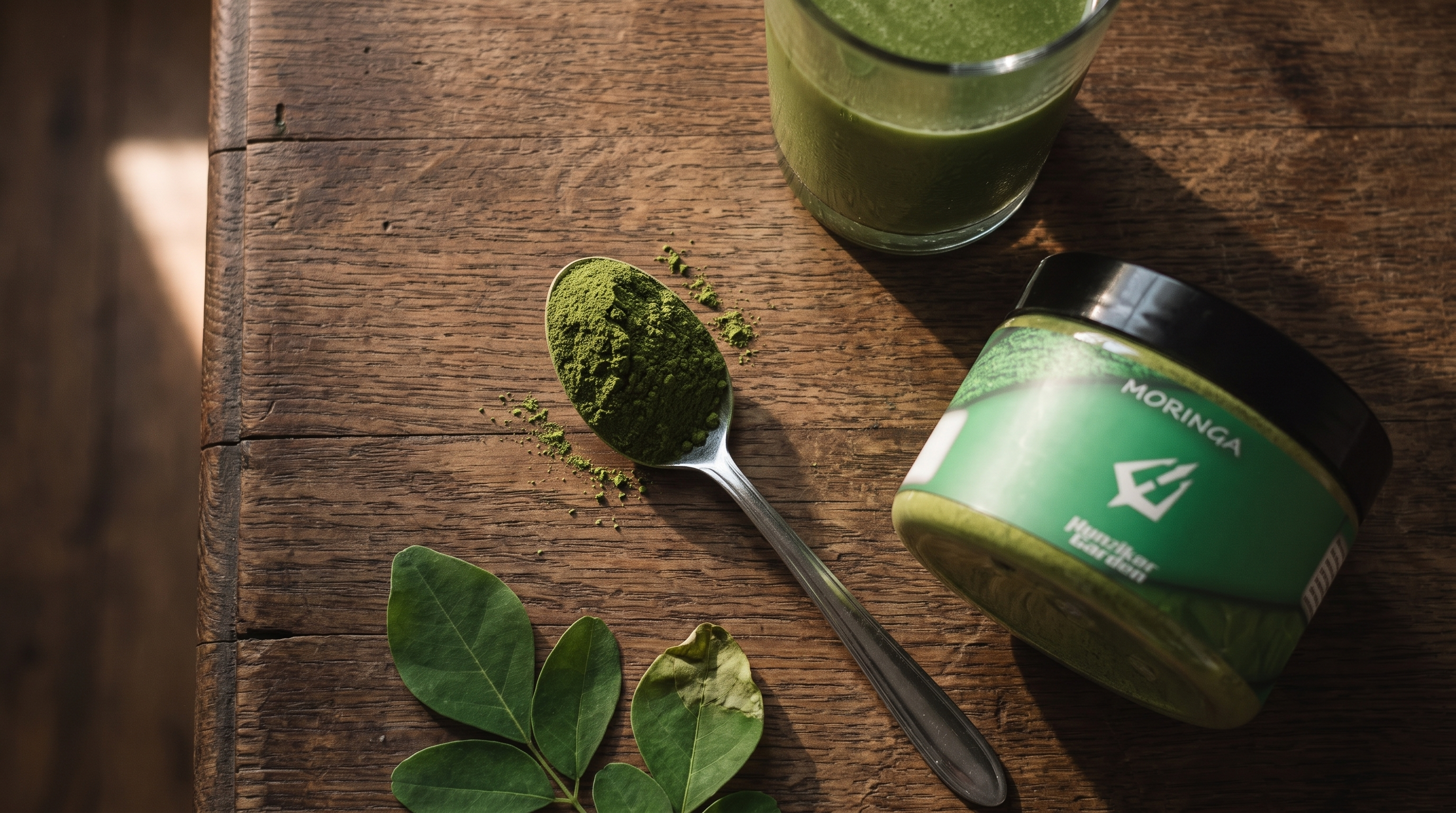 Egy csapott kávéskanál moringa levélpor tölgyfa asztalon, mellette a tasak és egy pohár zöld smoothie