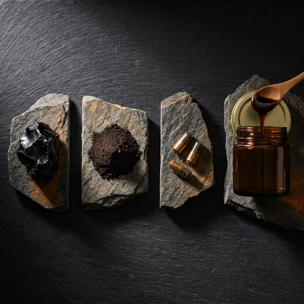 Shilajit négy formája egymás mellett: nyers gyanta, por, kapszula és shilajit méz összehasonlítása