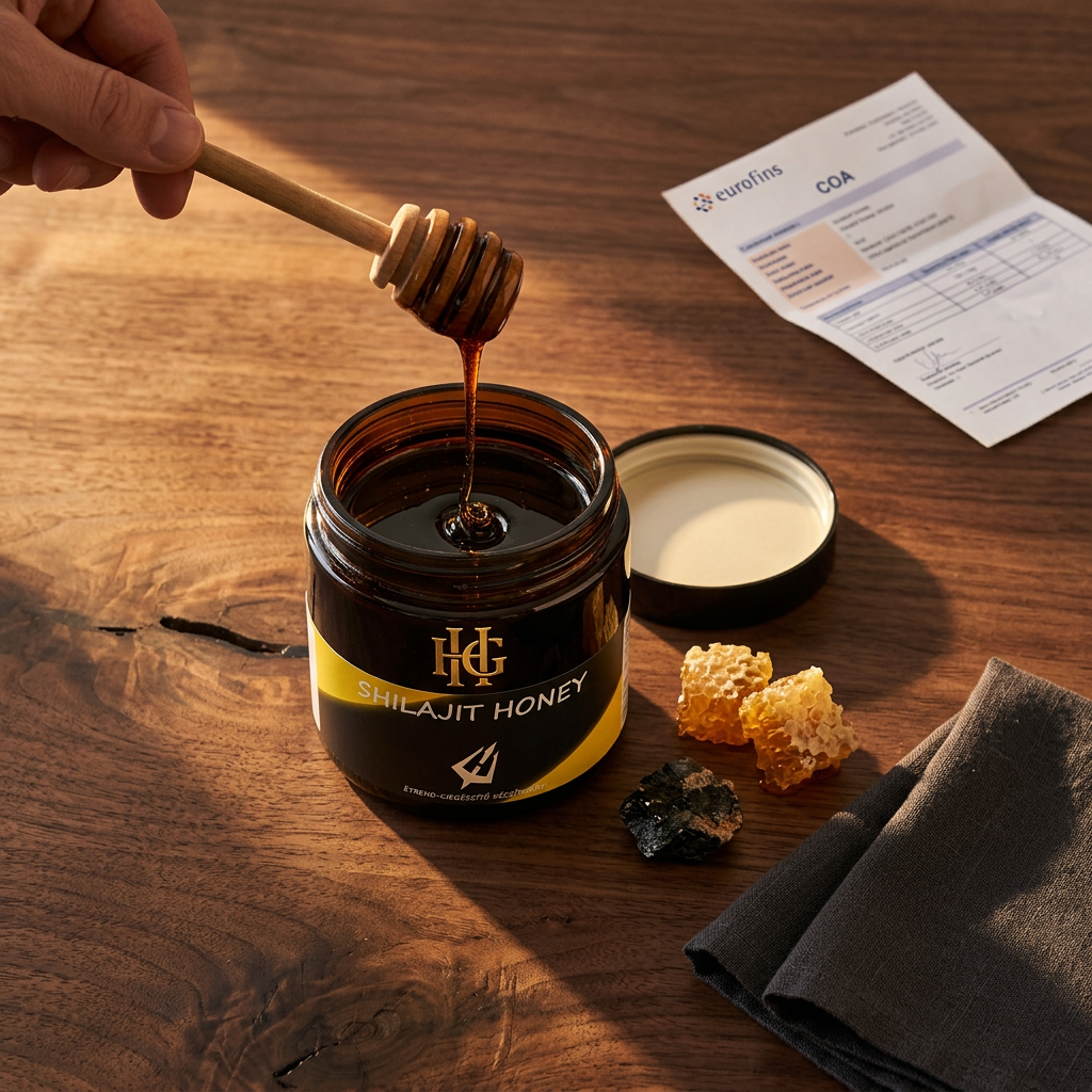 HunzikerGarden Shilajit Honey tégely sötét fa asztalon mokkáskanállal és fulvosav-tanúsítvánnyal