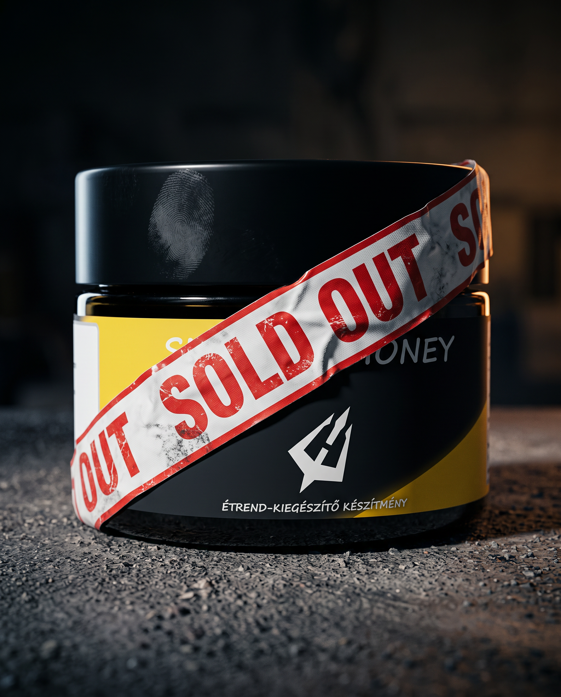 HunzikerGarden Shilajit Honey tégely piros SOLD OUT szalaggal átkötve sötét betonon