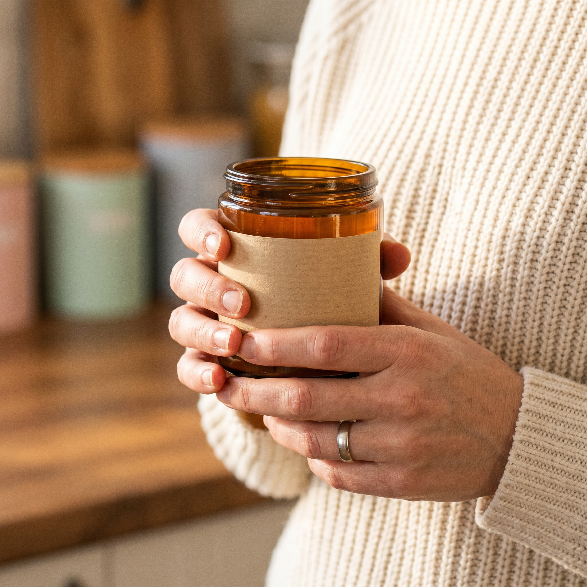 Elégedett vásárló kezében a régóta várt HunzikerGarden Shilajit Honey üveg, konyhai természetes fényben