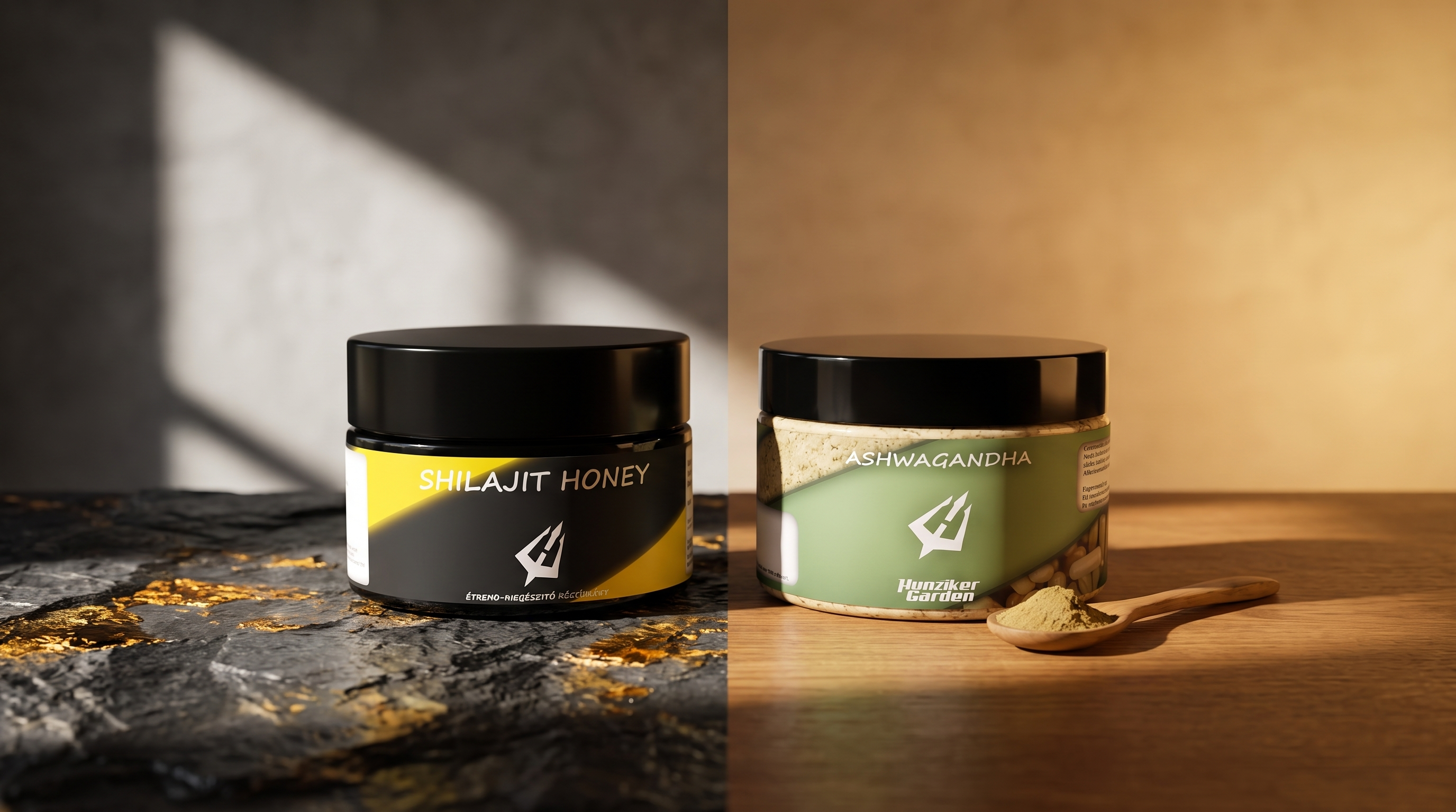 Shilajit vagy ashwagandha — Shilajit Honey üveg és KSM-66 ashwagandha por egymás mellett