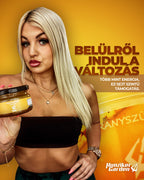 Szőke nő fekete felsőben AranySzüret üveget tart a kezében, arany színvilágú háttérrel és a belülről induló változást hangsúlyozó szöveggel.