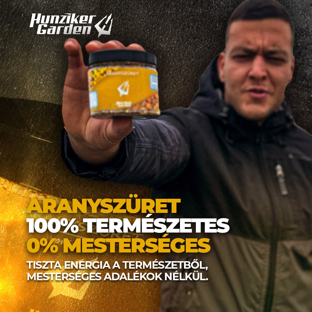 Férfi az AranySzüret tégellyel, 100% természetes felirattal