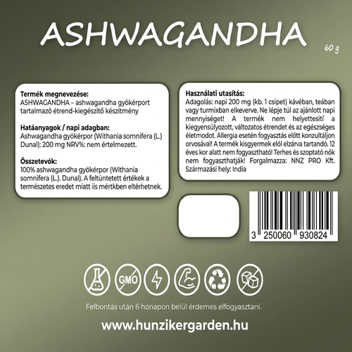 Ashwagandha gyökérpor címkéje: összetevők, napi adag és használati utasítás