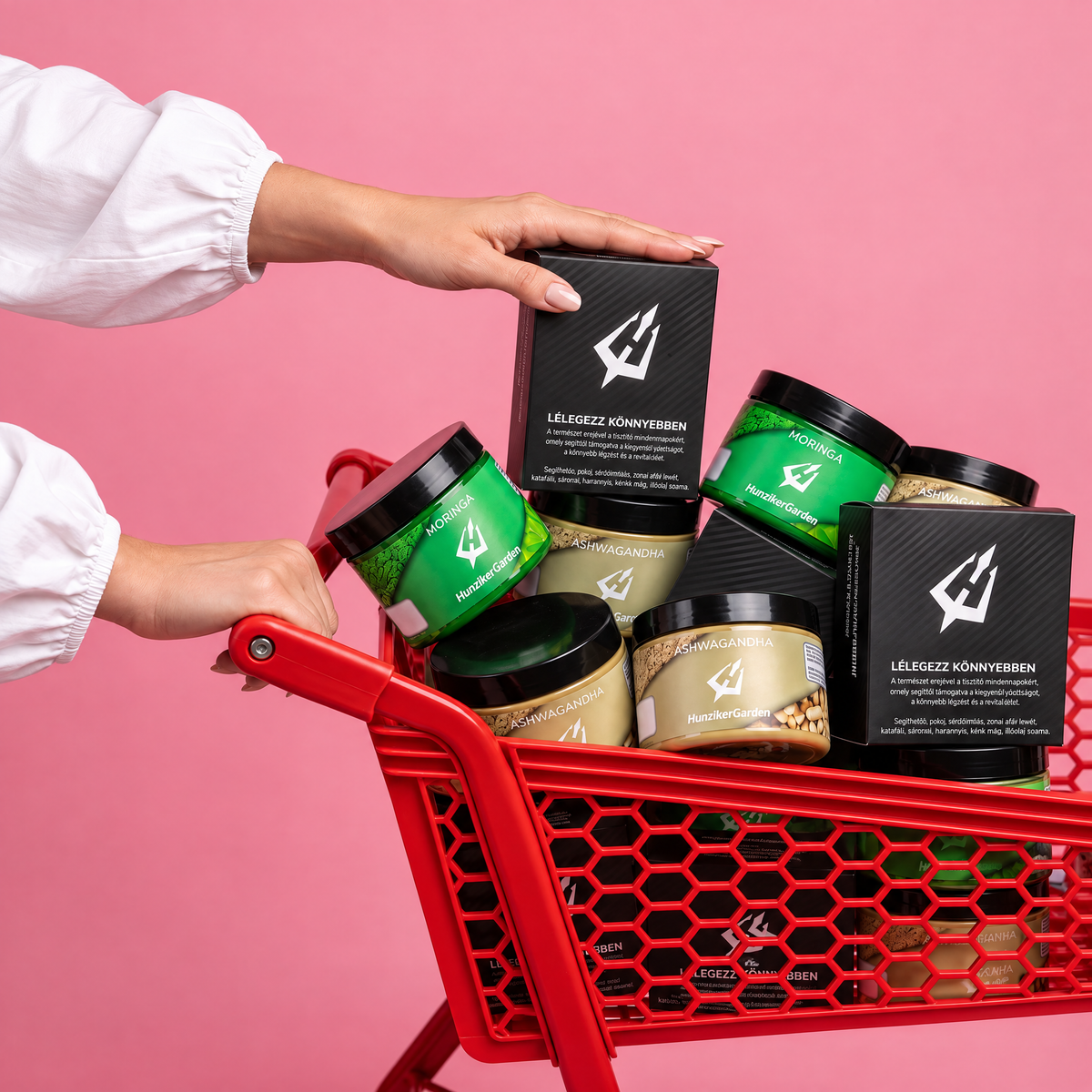 Moringa, Ashwagandha és orrtapasz csomag piros bevásárlókocsiban