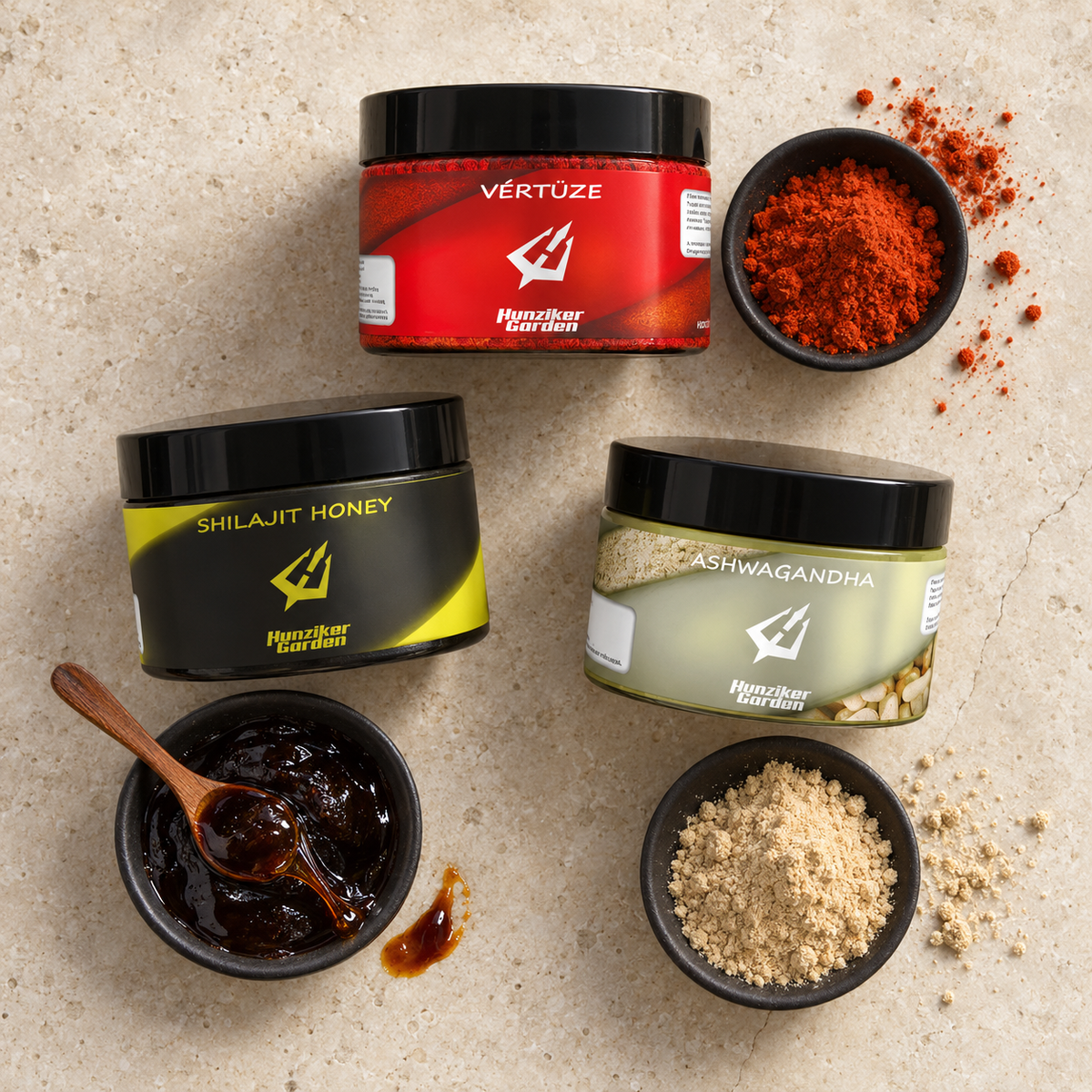 Shilajit Honey, Vértüze és Ashwagandha tégely a nyersanyagokkal: shilajit méz, paprikapor és ashwagandha por