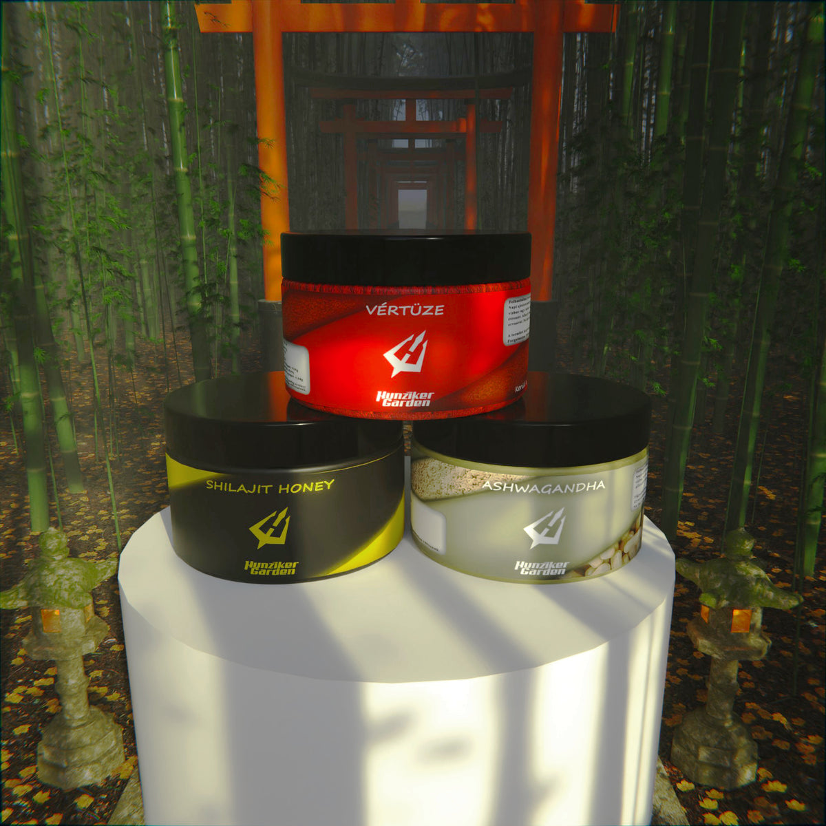 Energia csomag: Vértüze, Shilajit Honey és Ashwagandha tégely bambuszerdőben