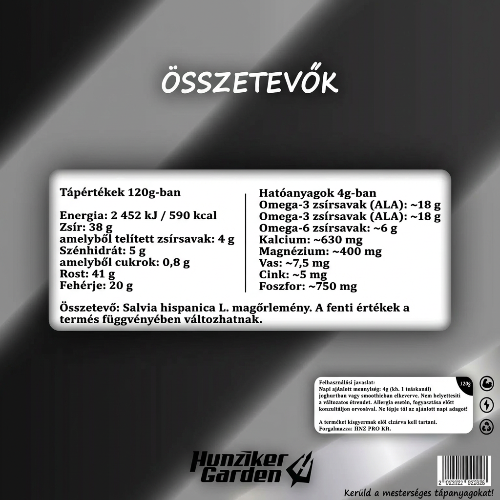 EzüstSzüret chia mag összetevői és tápértéke 120 g-ra és 4 g-os adagra
