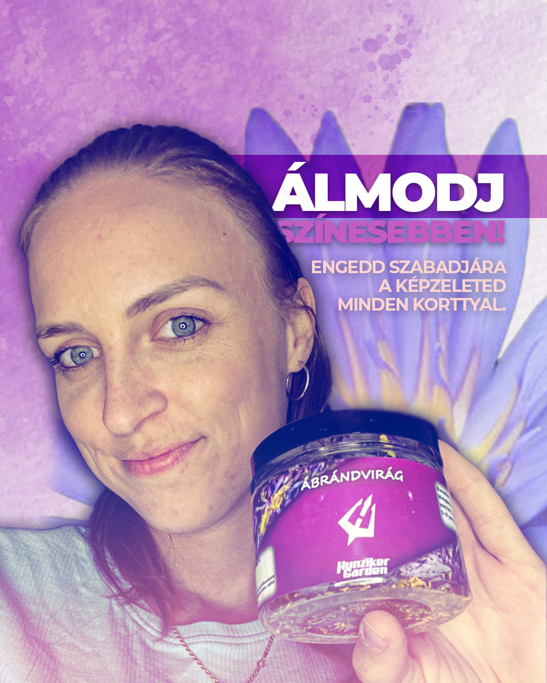 Nő HunzikerGarden ÁbrándVirág terméket tart a kezében pasztell lila háttérrel, az ellazulás és a képzelet felszabadításának hangulatával.