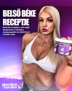 Szőke nő HunzikerGarden ÁbrándVirág terméket tart a kezében lila háttér előtt, a belső béke és az esti relaxáció témájú vizuálon.