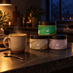 Gőzölgő bögre ashwagandhás meleg tej sötét kőpulton, mellette a Moringa, Ashwagandha és EzüstSzüret tégely esti fényben