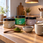 Moringa, Ashwagandha és EzüstSzüret tégely konyhapulton, előttük egy fakanál moringa por, egy tál chia mag és egy bögre meleg tej