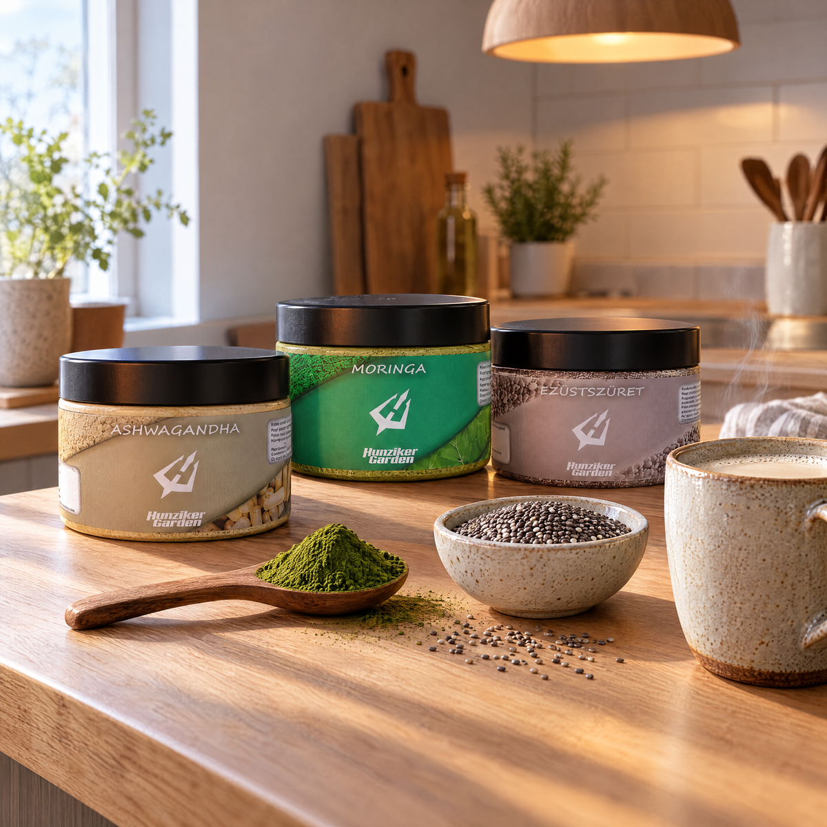 Moringa, Ashwagandha és EzüstSzüret tégely konyhapulton, előttük egy fakanál moringa por, egy tál chia mag és egy bögre meleg tej