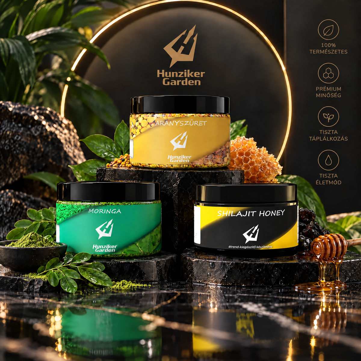 HunzikerGarden Arany Hármas Csomag – Shilajit Honey, Moringa és Aranyszüret prémium termékcsomag