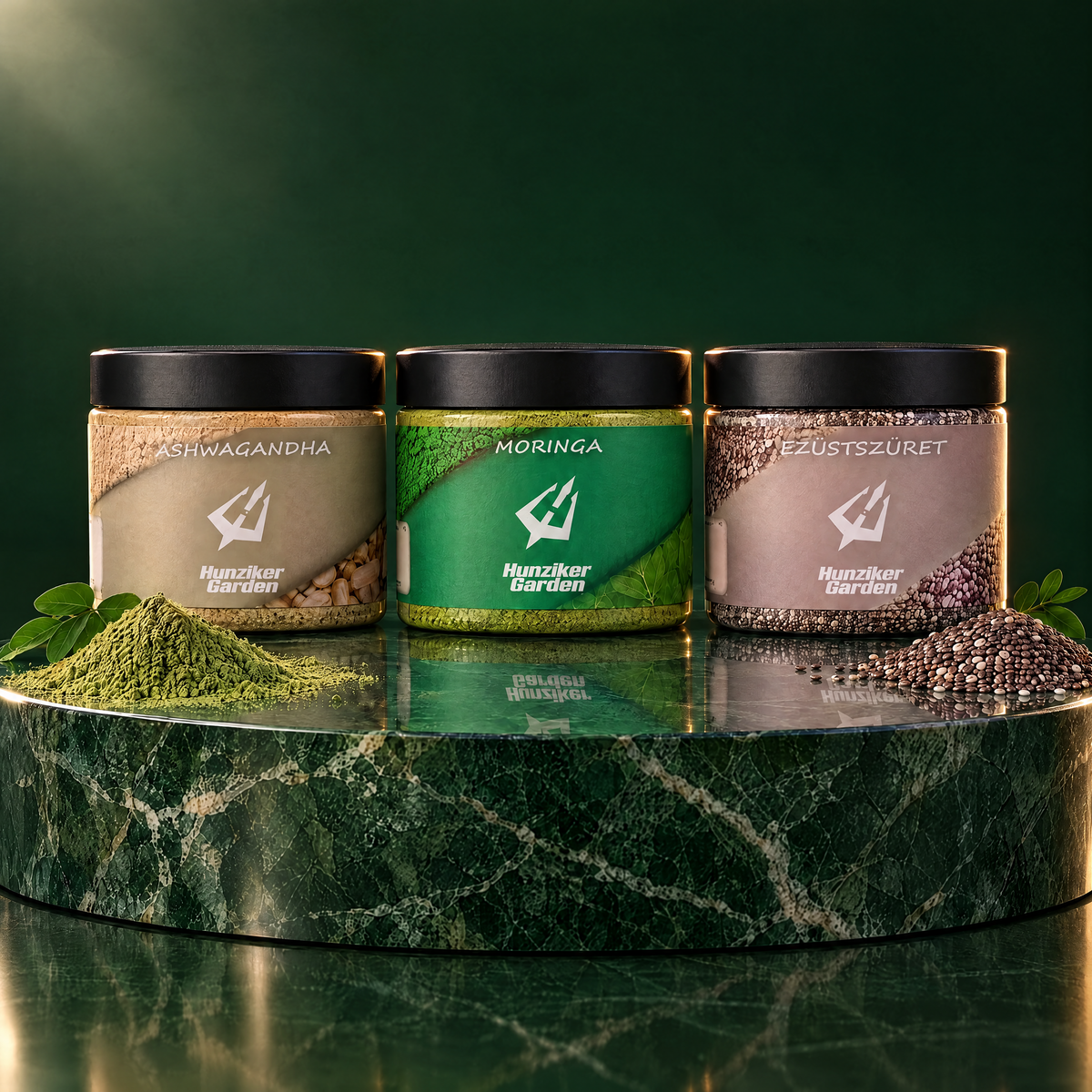 HunzikerGarden Fogyás és Anyagcsere Csomag: Moringa por, KSM-66 Ashwagandha por és EzüstSzüret chia mag tégelyben, sötétzöld márvány posztamensen