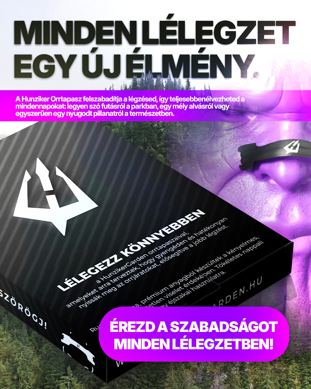 HunzikerGarden orrtapasz csomagolás lila-fekete kreatívon, a könnyebb légzés és a szabadabb mindennapok üzenetével.