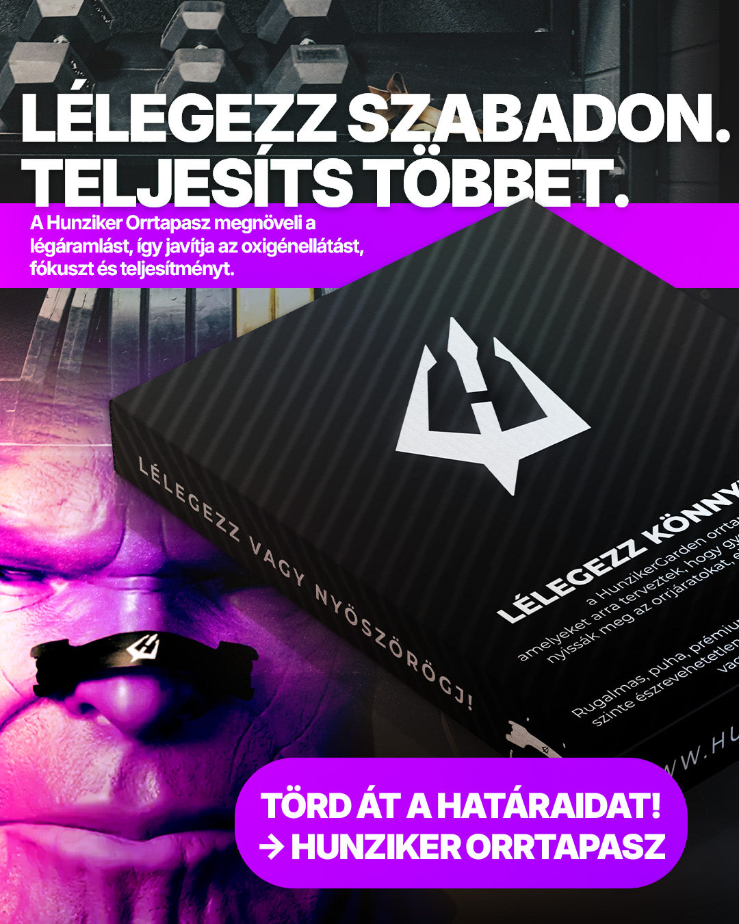 HunzikerGarden orrtapasz csomagolás sportos kreatívon, a légáramlás, fókusz és teljesítmény témájával.