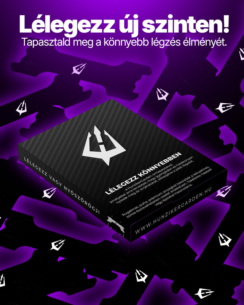 HunzikerGarden orrtapasz csomagolás lila háttér előtt, a könnyebb légzés élményét hangsúlyozó termékfotón.