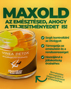 HunzikerGarden Vinea Detox gumicukor sárga háttér előtt, az emésztés támogatását, az étvágy kontrollját és a jóllakottság érzetét hangsúlyozó kreatívon.