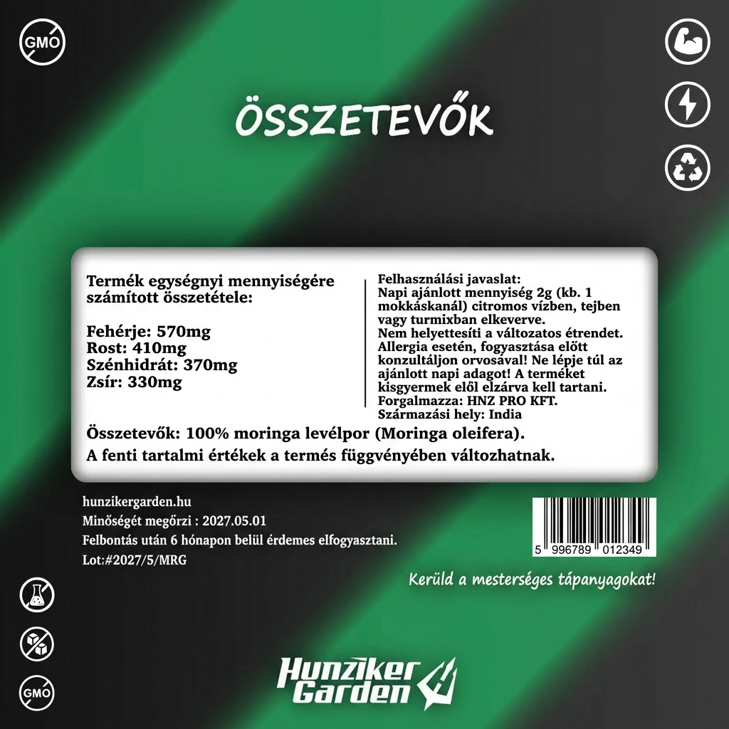 Moringa levélpor címkéje: tápérték, összetevők és használati javaslat