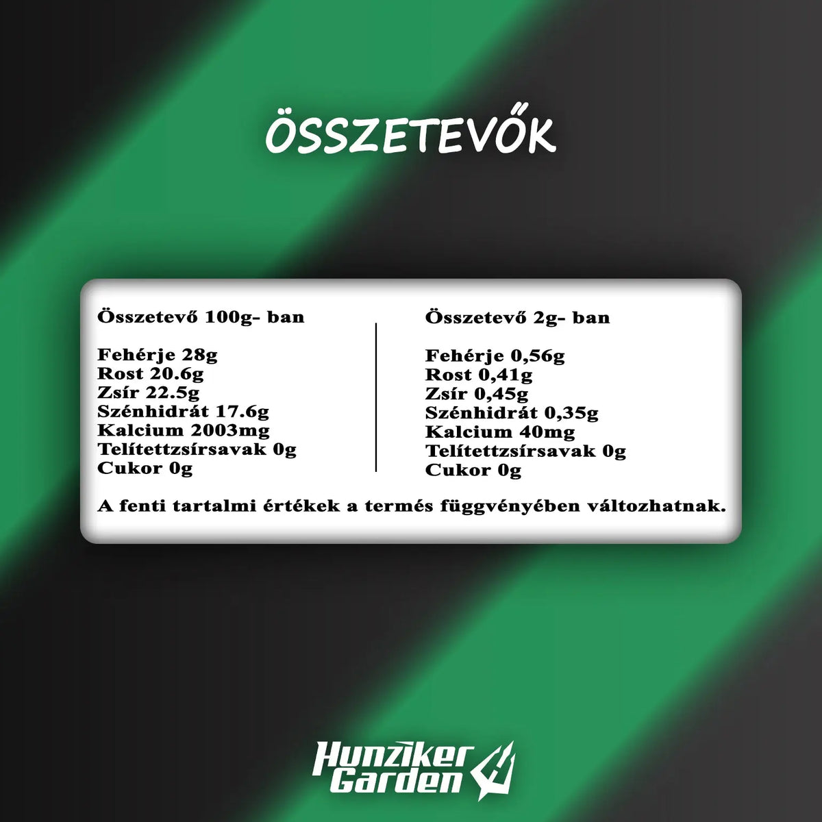 Moringa por tápértéke 100 g-ra és 2 g-os adagra