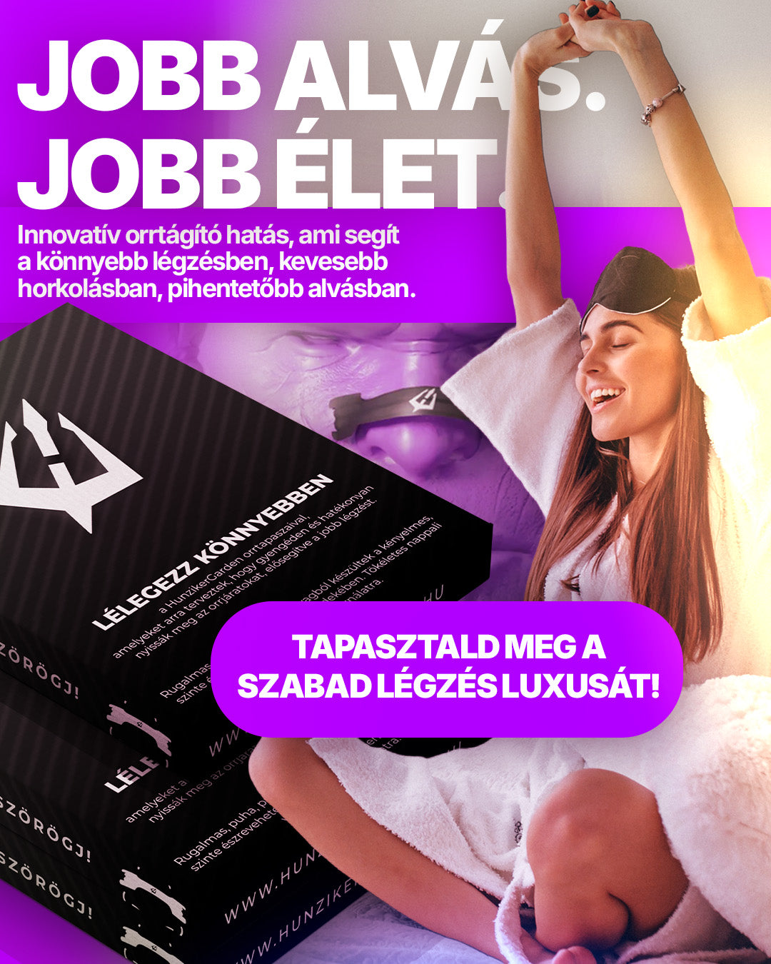 Reggel nyújtózó nő orrtapasszal, a HunzikerGarden orrtapasz dobozával
