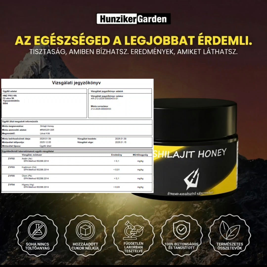HunzikerGarden Shilajit Honey független laborteszt vizsgálati jegyzőkönyvvel – arzén, kadmium, ólom, higany vizsgálat, cukormentes, töltőanyag nélkül, 100% természetes összetevők