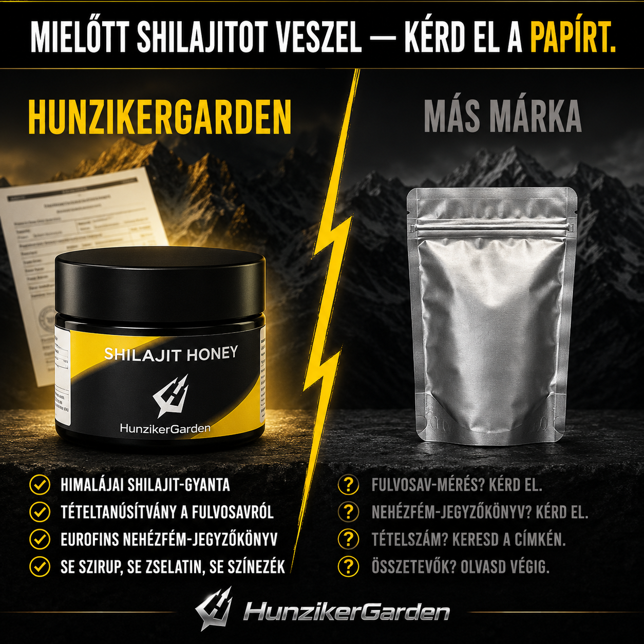 Shilajit vásárlás előtti dokumentum-összehasonlítás — HunzikerGarden tételtanúsítvánnyal és Eurofins nehézfém-jegyzőkönyvvel szemben a papír nélküli márka