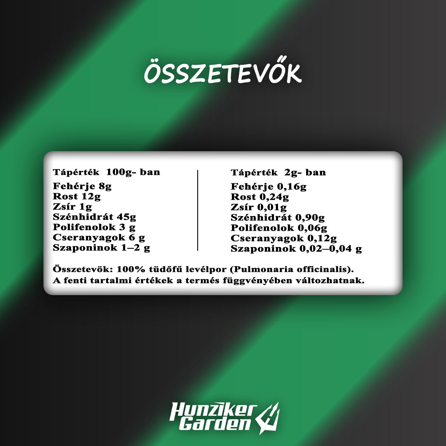 HunzikerGarden Tüdőfű tea összetevők és tápérték táblázat – 100% tüdőfű levélpor (Pulmonaria officinalis), polifenolok, cseranyagok, szaponinok 2g adagonként