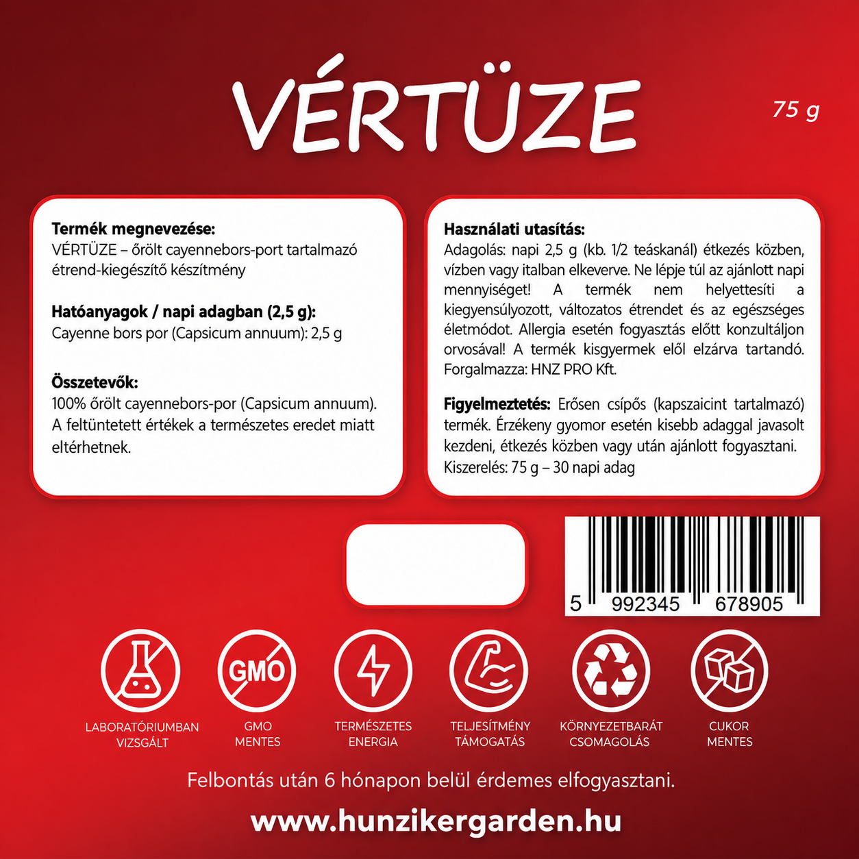 Vértüze cayenne bors étrend-kiegészítő 75 g – HunzikerGarden termékcímke